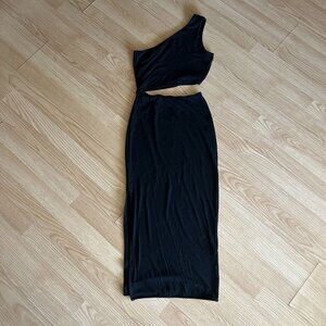 Women’s One Shoulder Cut Out Slit Black Ribbed Bodycon Dress Small